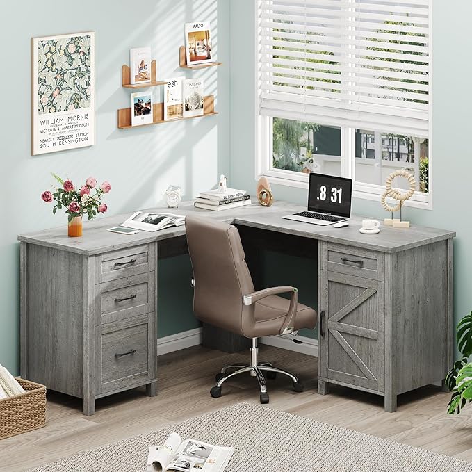 59” L Shaped Executive Desk with Power Outlets, Farmhouse Home Office Desk with Flie Drawer,Stroage Cabinet, Wood Corner Sturdy Writing Workstation.(Gray.
