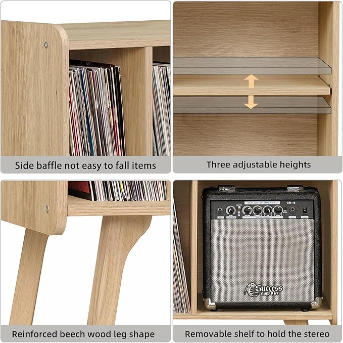Lerliuo Record Player Stand with 4 Cabinet Holds Up to 220 Albums, Large Stand with Beech Wood Legs, Mid-Century Record Player Table,Burlywood Vinyl Holder Storage Shelf for Living Room