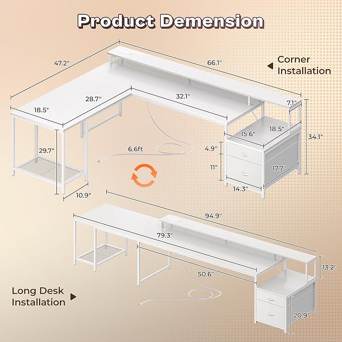 PRAISUN 66 Inch L Shaped Computer Desk with Power Outlets and LED Lights, Home Office Desk with Fabric Drawers and Print Stand, L Shape or Long Set up, Monitor Stand, Mesh CPU Stand, White