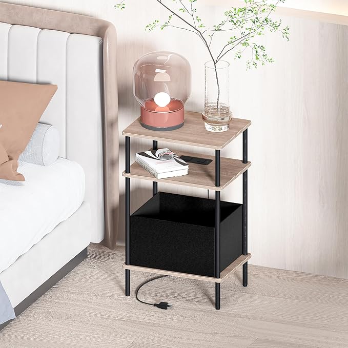 Small Side Table with Charging Station, Set of 2 End Table for Small Spaces, Slim Nightstand with Outlet,Sofa Beside Table, 3-Tier Storage Shelf,Living Room, Bed Room, Natrual Walnut