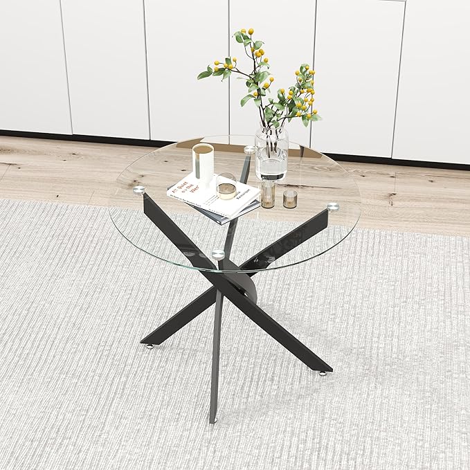 Glass Dining Table Modern Kitchen Table with Black Metal Legs 32 Inch Small Round Dining Table for Apartment Kitchen Dining Room