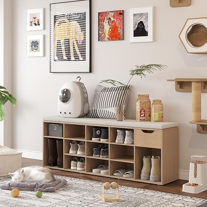 DINZI LVJ Shoe Bench, Entryway Storage Bench with Drawer and 14 Cubbies, Long Cubby Shoe Rack with Adjustable Shelves, Shoe Organizer for Living Room, Bedroom, Mudroom, Garage,Natural