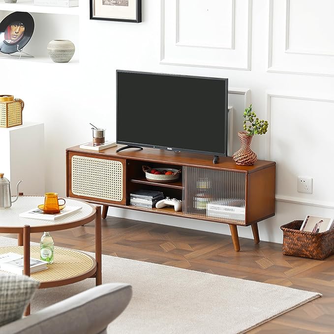 Tiita Rattan TV Stand for 55 Inch TV, Bamboo TV Cabinet with Adjustable Shelf and Storage, Boho Entertainment Center, Mid Century Modern Media Console for Bedroom, Living Room, Study, Walnut
