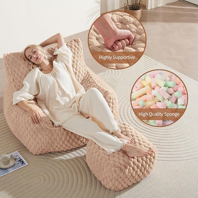 Bean Bag Chair with Ottoman - Modern Comfy Beanbag Sofa with Footrest, Soft Faux Fur Lounger Chair for Adults Teens, Cozy Memory Foam Filled Gaming Reading Chairs for Bedroom, Living Room (Camel)