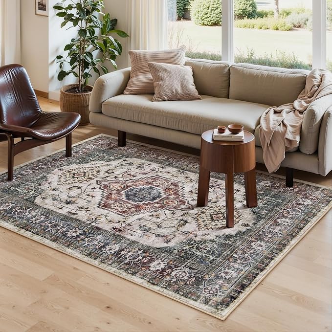 Lahome Oriental Washable Rug, 3x5 Rugs for Bedroom Living Room Entryway, Vintage Ultra-Thin Non-Slip Soft Throw Carpet for Kitchen Office Entrance, Brown/Grey