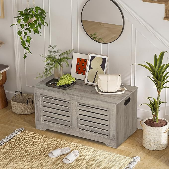 DINZI LVJ Storage Chest, 39.4”Wooden Toy Box with 2 Safety Hinges, Retro Entryway Shoe Storage Bench with Flip-Top, Sturdy Large Storage Trunk for Living Room, Bedroom, Easy Assembly, Gray Wash