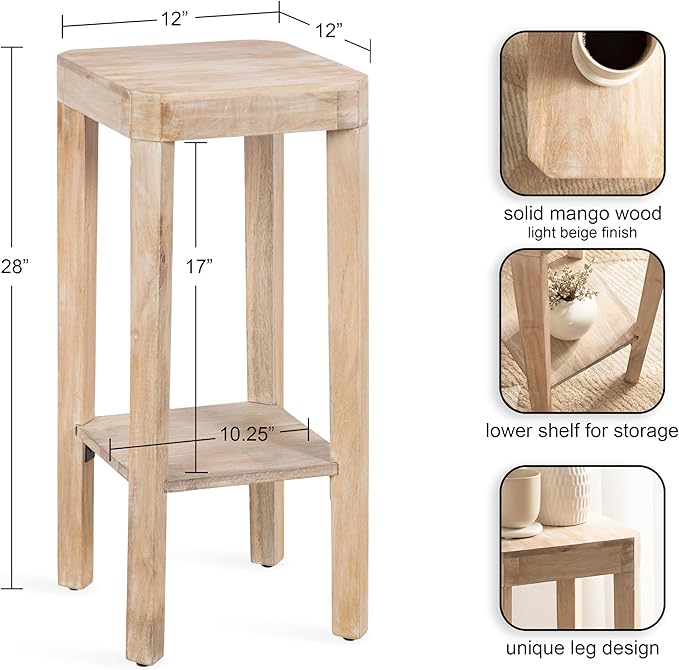 Kate and Laurel Talcott Modern Square Wood Drink Table, 12 x 12 x 28, Light Natural, Transitional Decorative Two-Tier Pedestal Table for Use as Plant Stand Indoors or Living Room Decor Accent