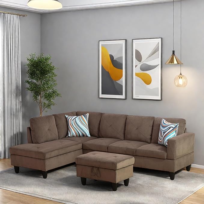 L Shaped Sectional Couches, Modern Modular Sectional Sofa for Living Room Bedroom Furniture, Comfy 4 Seat Couch with Ottoman Storage & Chaise, Brown