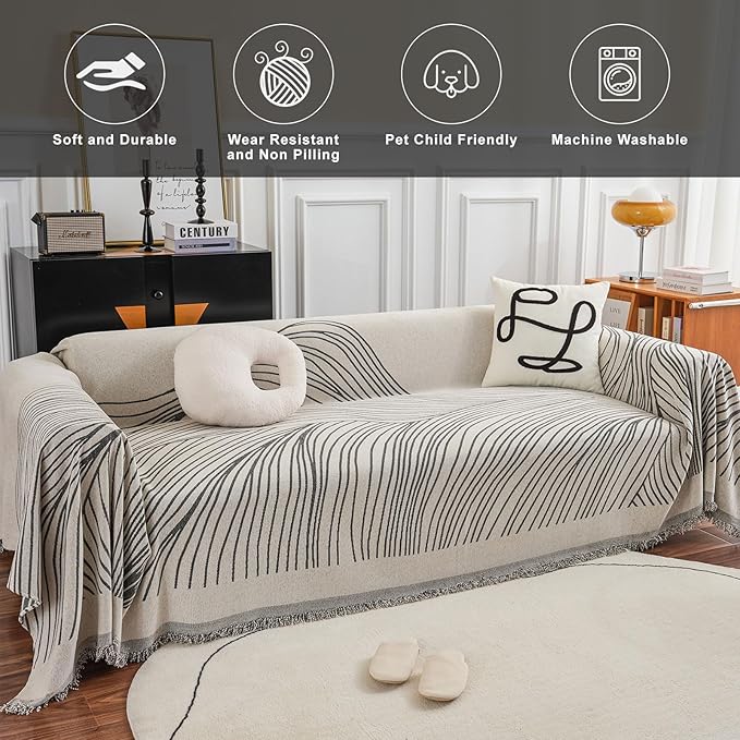 STACYPIK Stylish Striped Sofa Cover for Dogs,Non Slip Couch Protector for 3 Cushion Sofa, Pet-Friendly Couch Covers for Loveseat, Washable Boho Jacquard Couch Cover Blanket for Living Room-71X134IN