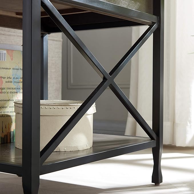 Leick Home 23007 Chisel & Forge One Drawer X Design Mixed Metal and Wood Side Table with Shelf, Smoke Gray and Matte Black, 22 in x 24 in x 24 in