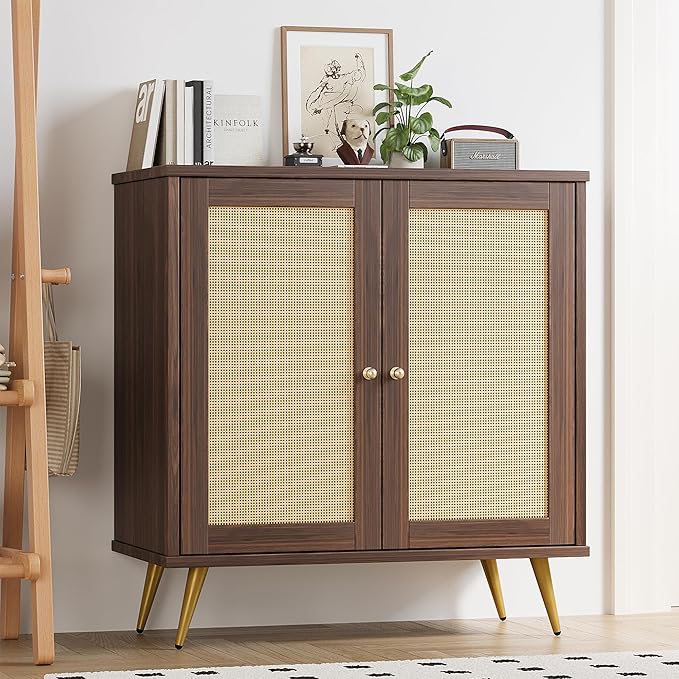 Shintenchi Rattan Buffet Cabinet with Storage, Sideboard Buffet Cabinet with Rattan Decor Doors, Modern Wood Cupboard for Kitchen Living Room Dining Room Hallway Entry,Brown