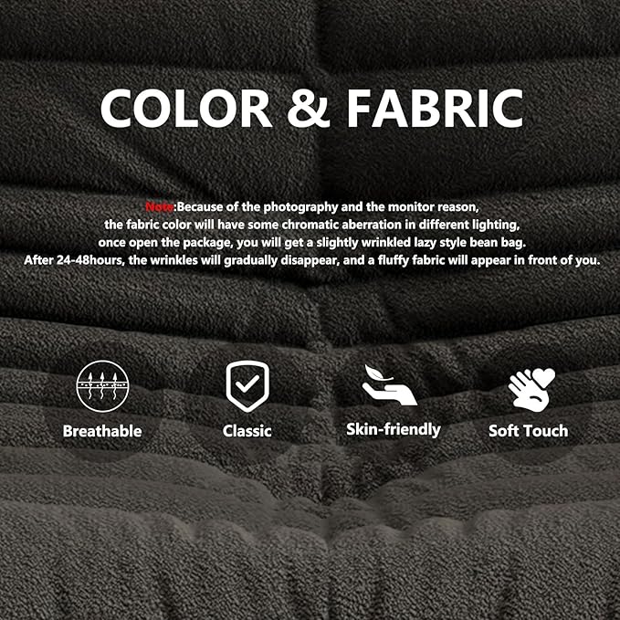 Bean Bag Chairs for Adults, BeanBag Reading Chair Memory Foam Couch 3-Seater, Floor Chair Soft Teddy Material, Comfy Reading Nook Chairs for Bedroom Living Room Office (Black)