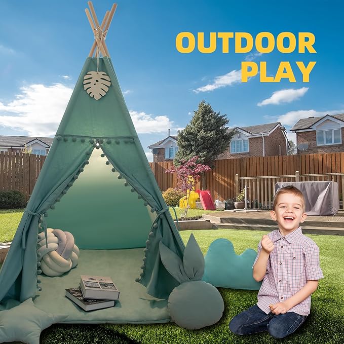 Teepee Tent for Kids with Mat, Star Lights, Carry Case, Cotton Canvas Playhouse, Foldable Tents, Portable Children Play Tent Indoor Outdoor (Jewelry Blue)