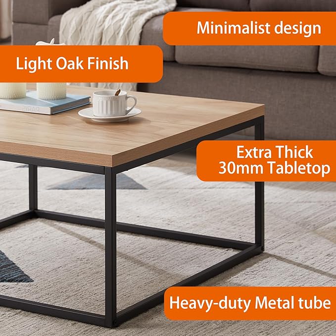 CENSI 30"x30" Natural Oak Accent Coffee Table Ottoman for Living Room, Modern Industrial Style, 1.2" Extra Thick Tabletop (Light Wood)