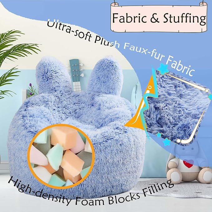 Bean Bag Chair for Kids with Plush Faux Fur Cover, 2.5FT Memory Foam Filled Bean Bag for Teens & Kids, Lazy Sofa for Living Room/Bedroom/Dorm, Rabbit-Ears Design