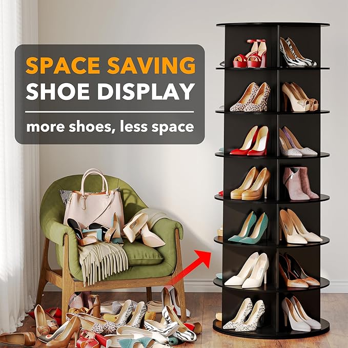 SpaceAid Black 7-Tier Spinning Rotating Shoe Rack Organizer, Shoe Display Tower Lazy Susan, Revolving Shoes Rack StorageOrganization, 360 Vertical Bags Holder Rotate Organizer