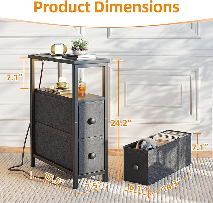 TIQLAB End Table with Charging Station, Narrow Side Table with 2 Fabric Drawers, Nightstand with LED Light, Slim Bedside Table for Bedroom, Living Room, Small Spaces, Black