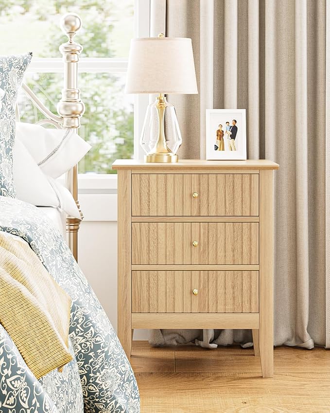 Fluted Nightstand, Farmhouse Night Stand with 3 Drawers, Mid Century Modern Side Accent Table,Bedside End Table for Bedroom, Living Room, Natural