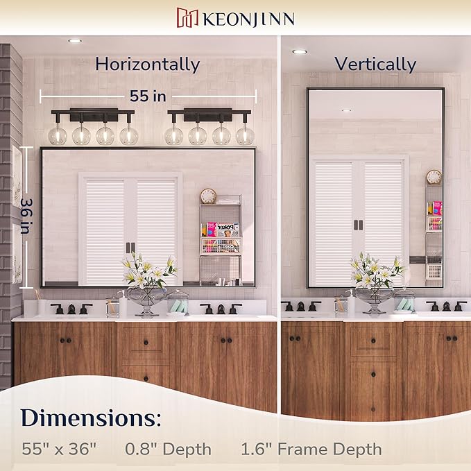 Keonjinn Black Mirror for Bathroom 55 x 36 Inch Rectangle Mirror Large Matte Black Vanity Mirror Metal Frame Farmhouse Mirror, Modern Rectangular Wall Mirror with Square Corner(Horizontal/Vertical)
