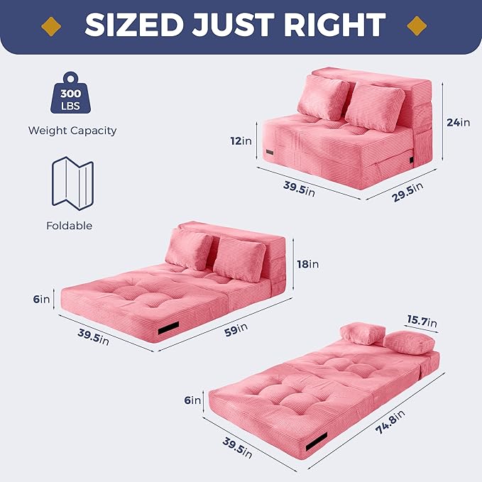 MAXYOYO Convertible Sofa Bed, Fold Out Loveseat Sleeper Sofa with Pillow, 4 in 1 Tufted Folding Couch Bed Foam Floor Couch, Lazy Chair for Living Room Bedroom Guest Room, Pink