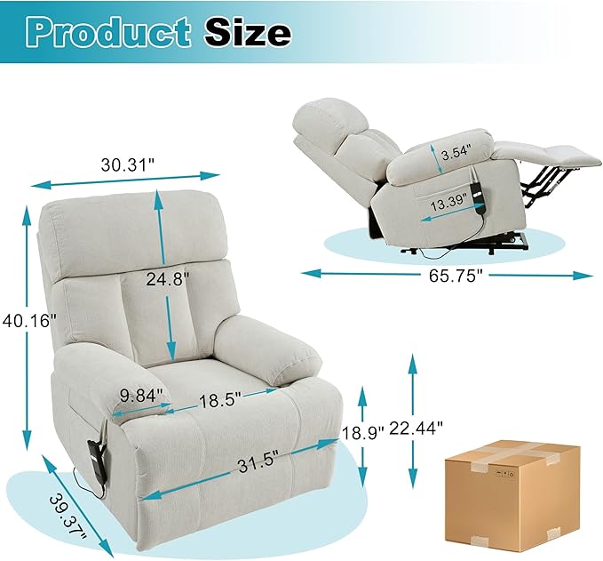 Recliner Chair Power Lift Massage Chair Full Body 23" Large Size Electric Recliner with Seniors, Home Theater Seating with Remote Control, Side Pocket, Spacious Seat, Light Gray