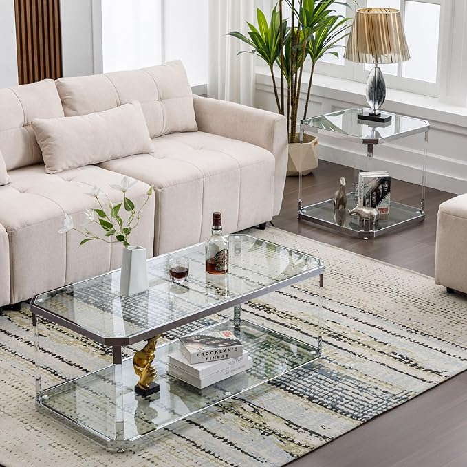 Glass Top Coffee Table, Sliver Rectangle Coffee Table Glass Top with 2 Tiers, Acrylic Leg, Chrome Frame, Modern Center Table for Living Room