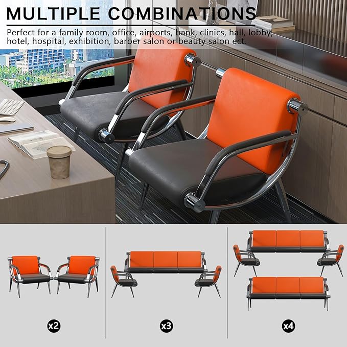 wonline 2Pcs Waiting Room Chair with Armrest PU Leather Office Furniture, Office Guest Seating Lobby Conference Reception Chairs for Airport Clinic Hospital Bank Salon Barber(Orange&Black)