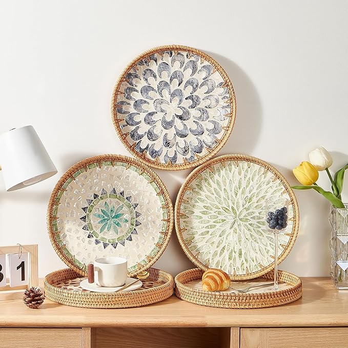 Rattan Round Side Table, Handmade Rattan Tray with 3 Legs, Mother of Pearls Inlay Coffee/Accent Table, Round End/Side Tables for Living Room, Bedrooms, Pedestal Plant Stand for Balcony