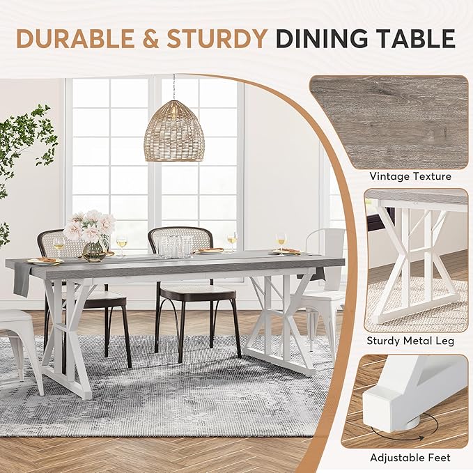 Tribesigns Farmhouse Dining Table for 6 People, 70.8-Inch Rectangular Wood Dining Table, Rustic Kitchen Table with Heavy Duty Metal Legs for Dining Room(Grey)