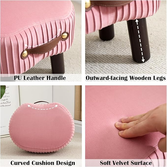 Small Footstool with Handle, Velvet Ottoman Foot Rest with Padded Seat, Curved Foot Stool with Wooden Legs, Portable Foot Rest for Living Room, Bedroom, Entryway, Pink