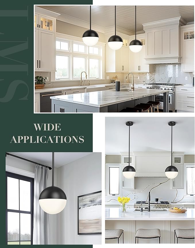 LMS 8-inch Black Pendant Lights Kitchen Island, Modern Globe Pendant Light with Frosted Glass, Contemporary Mid Century Hanging Light Fixture for Kitchen Island Sink Bedroom Bathroom, LMS-186