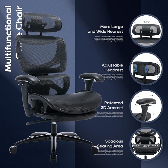 COLAMY Ergonomic Mesh Office Chair with Footrest, Executive High Back Computer Desk Chair with Wide Headrest and Adjustable 3D Arms, Backrest Height, Tilt Lock and Lumbar Support, Black