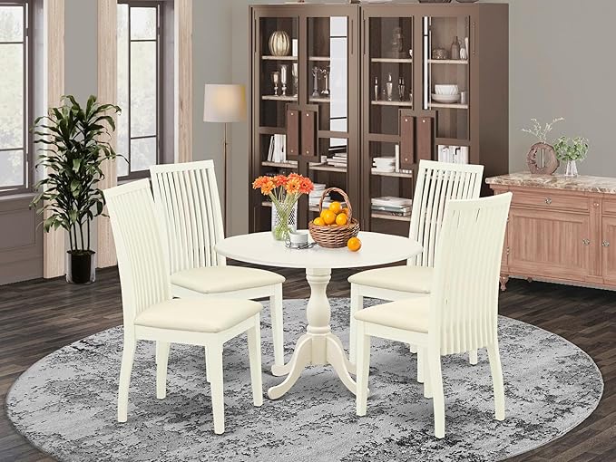 East West Furniture DMIP5-LWH-C 5 Piece Modern Dining Table Set Includes a Round Wooden Table with Dropleaf and 4 Linen Fabric Upholstered Dining Chairs, 42x42 Inch, Linen White