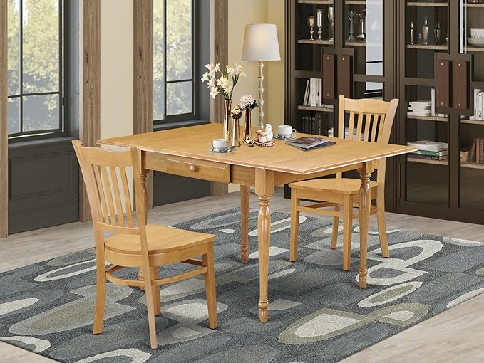 East West Furniture MZGR3-OAK-W 3 Piece Dining Room Furniture Set Contains a Rectangle Dining Table with Dropleaf and 2 Wood Seat Chairs, 36x54 Inch, Oak