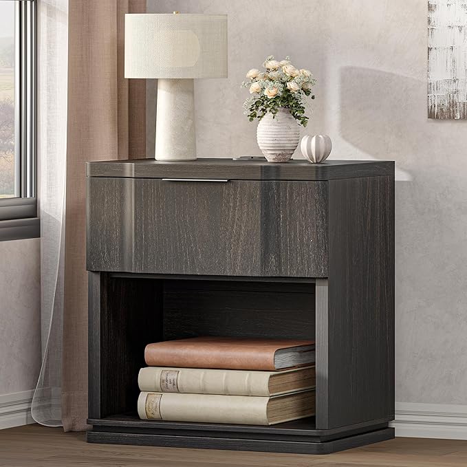 Nightstand with Charging Station, Wooden Curved Night Stand Bedside Tables with Storage Shelf & Drawer, Large Mid Century Modern Accent End Table for Bedroom Living Room Office