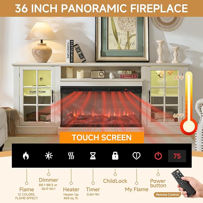ROCKPOINT 3 Sided Glass 80" Fireplace TV Stand for TVs up to 90", Media Entertainment Center with Glass Door Storage Cabinet for Living Room,36" Electric Fireplace & Adjustable LED Light,White