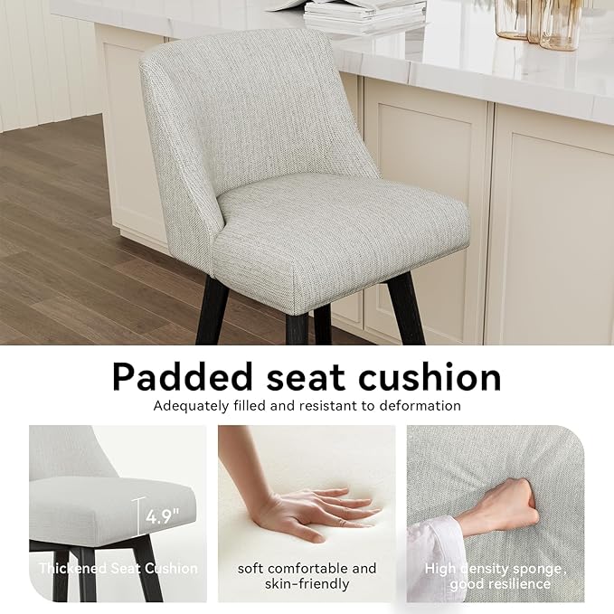 Vipbear Swivel Counter Height Bar Stools Set of 2,26.8" H Counter Stools with Back, Mid Century Modern Bar Stools for Kitchen Island,Linen Fabric,Wooden Base, White