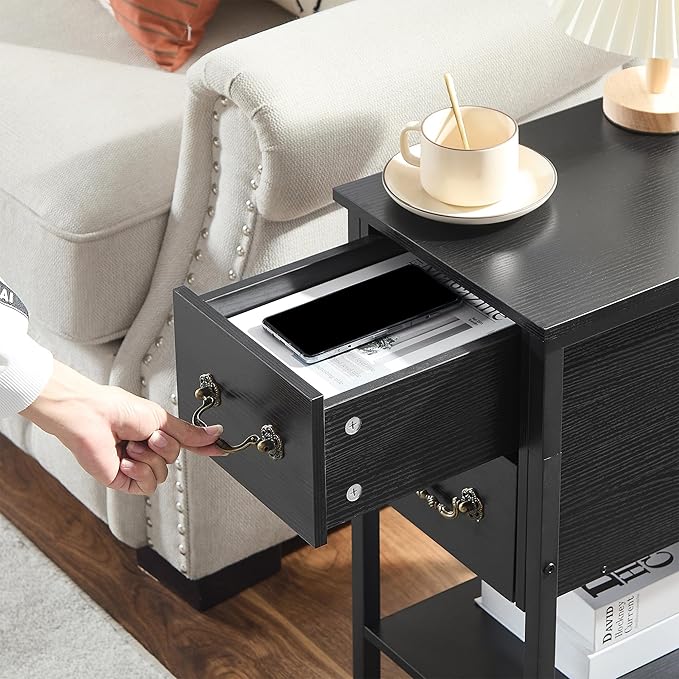VECELO End Tables,Narrow Nightstands with Charging Station & USB Ports &Drawers,Night Stand for Living Room, Bedroom,Black