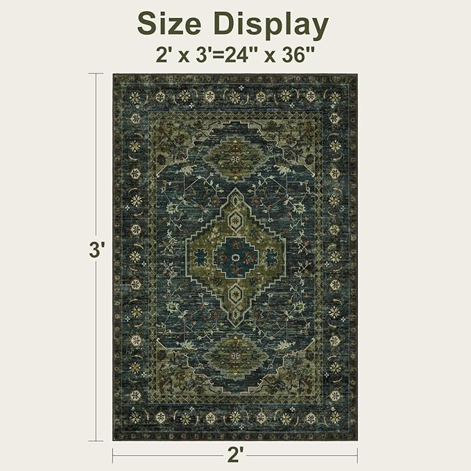 Tangsoo Washable Entryway Rugs Vintage Olive Green Rug 2x3 Non Slip Small Area Rug, Front Door Boho Rugs, Print Distressed Door Mat Indoor Entrance Soft Low Pile Throw Rug for Entry Kitchen Bedroom