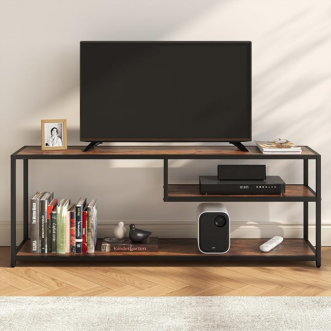 TECHMILLY Modern TV Stand for 65" TV, TV Table with Storage Shelves, Entertainment Center with Metal Frame, TV Console Table for Living Room, Bedroom, Rustic Brown