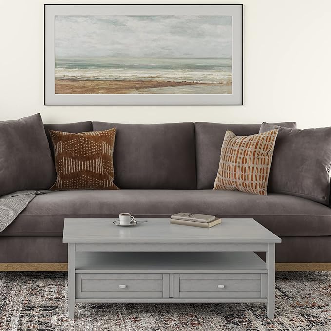 SIMPLIHOME Warm Shaker Coffee Table - 48 inch Wide Solid Wood Cocktail Table in Fog Grey, Transitional Living Room Table with 2 Storage Drawers and Open Shelf for Sitting Area or Lounge