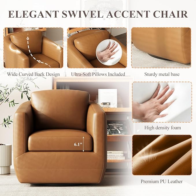 COLAMY 360° Swivel Accent Chair- Comfy Living Room Armchair No-Sag Foam & Sturdy Metal Base with Pillow, Fully Assembled Swivel Accent Single Sofa for Bedroom Living Room, Office, Brown