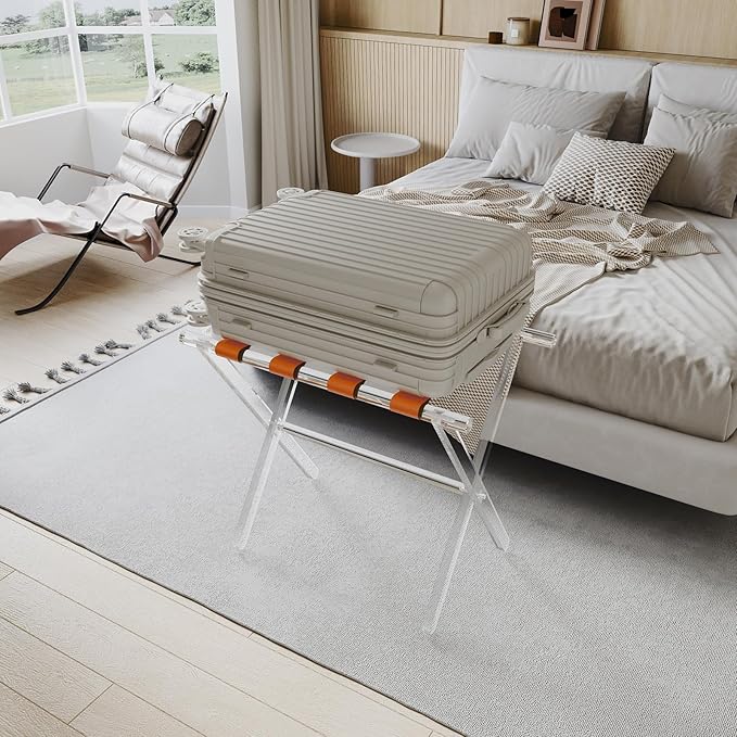 Sumerflos Acrylic Luggage Rack for Guest Room - Foldable Suitcase Stand with Leather Straps for Bedroom Living Room Hotel Heavy-Duty, Holds up to 50-100 lb lightweight Space Saving (Orange & Handle - 1 Pcs)