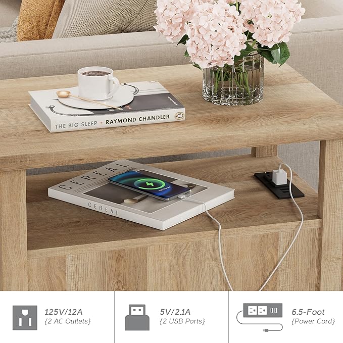 WAMPAT Set of 2 End Tables with Charging Station, Sofa Side Tables with Storage Cabinet for Living Room, Light Wood Bedside Table with Metal Leg, Nightstand for Bedroom, Oak