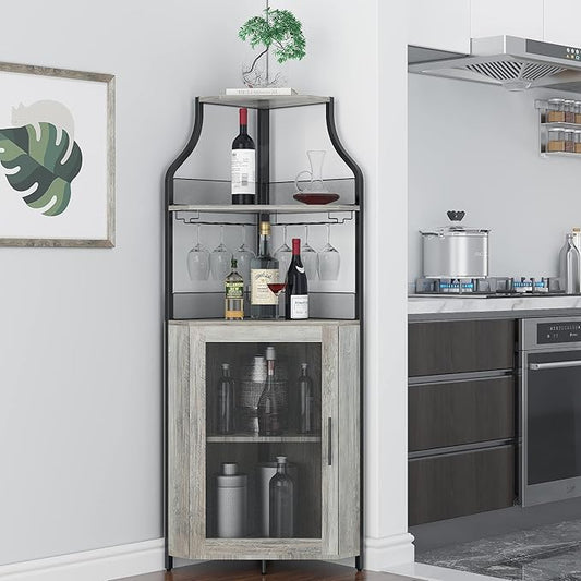 GAOMON Corner Wine Cabinet with Removable Wine Rack, Wine Bar Cabinet with Barn Door and Adjustable Shelves, Industrial Wine Cabinet for Dining Room, Living Room,Kitchen (Grey)
