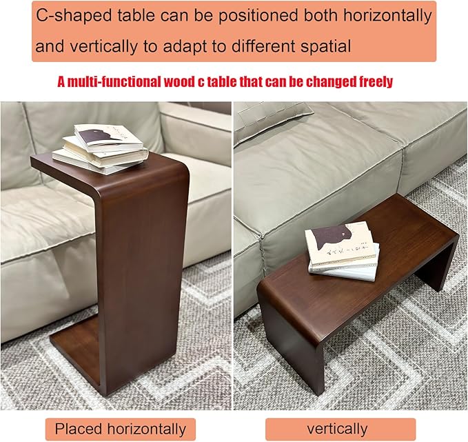 C Shaped End Table 24.4in High, Solid Wood C Side Table for Couch Sofa and Bed, Sofa Tables That Slide Under for Space Saving, Small Snack C Tables for Living Room Bedroom (H 24.4″ - Brown, 1)