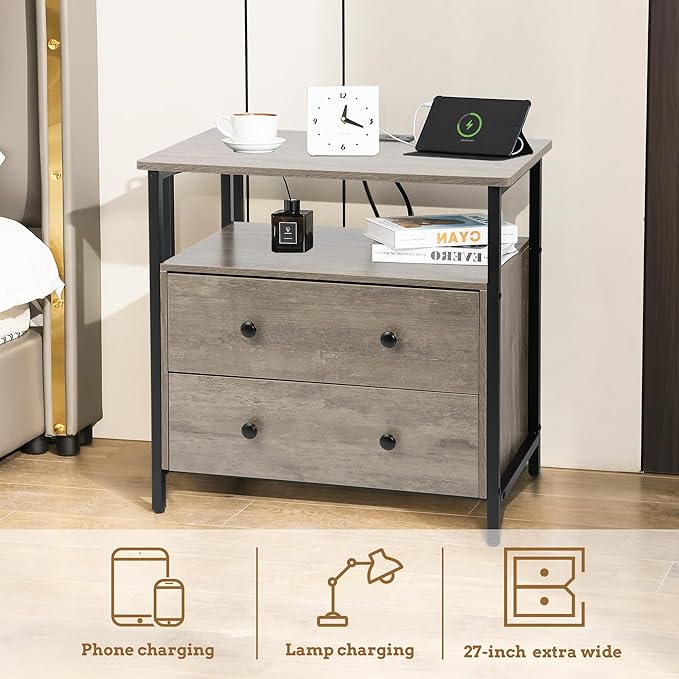 27 inch Wide Nightstand with Charging Station, Bedside Table with Open Shelf, 2 Drawers Small Wood Dresser, End Side Table for Bedroom (Rustic Gray)