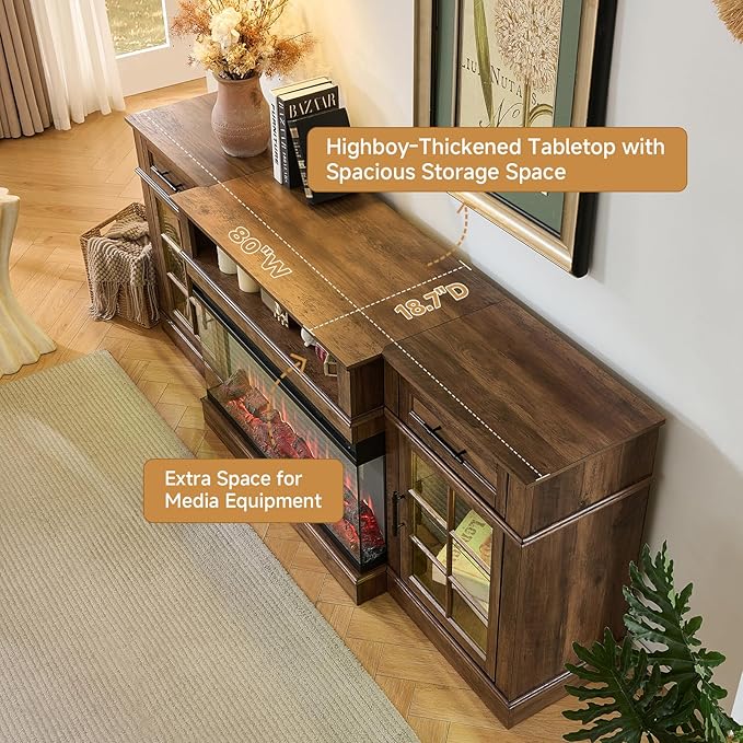ROCKPOINT 3 Sided Glass 80" Fireplace TV Stand for TVs up to 90",Entertainment Center with Drawers and Glass Door Storage Cabinet for Living Room,36"Electric Fireplace & Adjustable LED Light ,Espresso