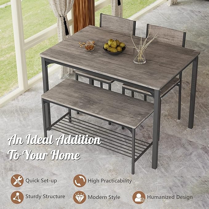 Giantex Dining Table Set for 4, Kitchen Table with Bench and Chairs, Industrial Gathering Bench Dining Set W/Metal Frame & Storage Rack, Dinette Set, Modern Functional Desk Set (Black Oak)