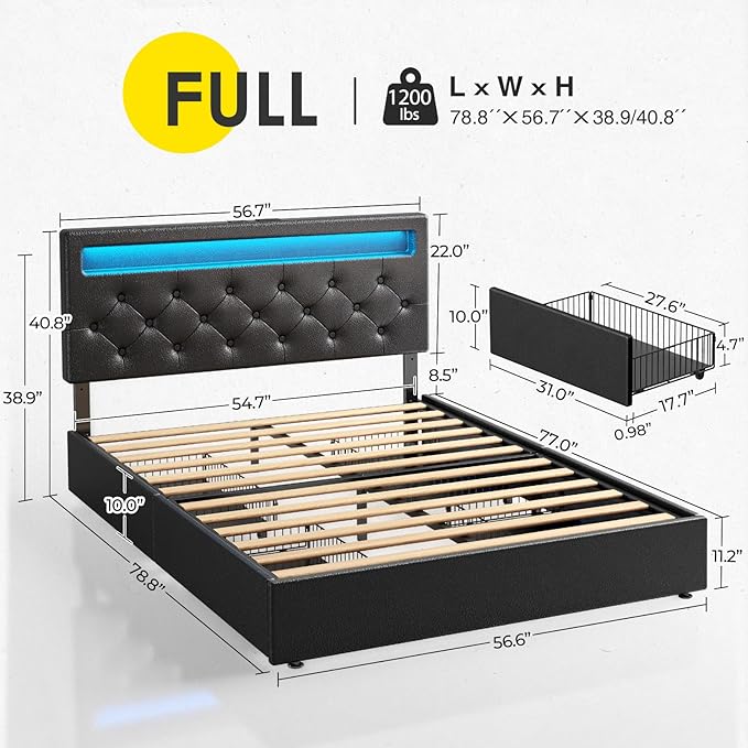 Rolanstar Full Size Bed Frame with 4 Storage Drawers and Charging Station, Full Bed with Led Lights, 2 USB & 1 Type C, Adjustable Headboard 38.9/40.8 Inches, No Box Spring Needed, Black